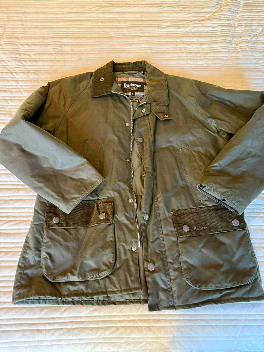 Barbour Olive Green Waxed Field Jacket with Corduroy Trim